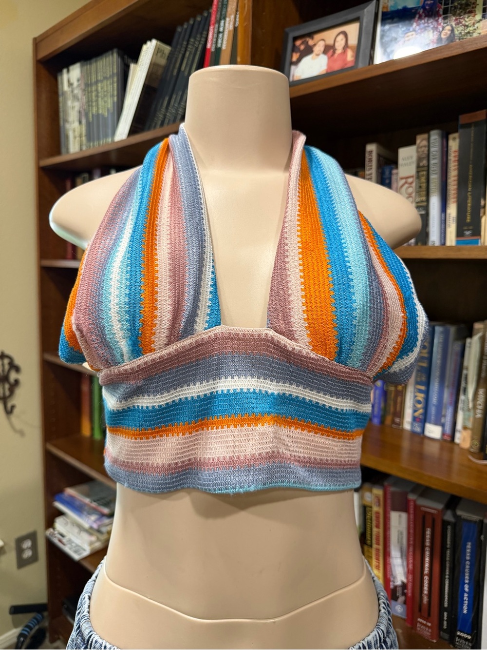 Cotton Candy Striped Halter Knit Crop Top in Blue, Orange, Pink, Cream, and Gray